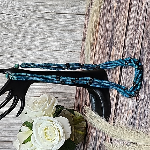 TURQUOISE WOODEN BEAD FOUR STRAND TWISTED NECKLACE - Picture 2 of 6